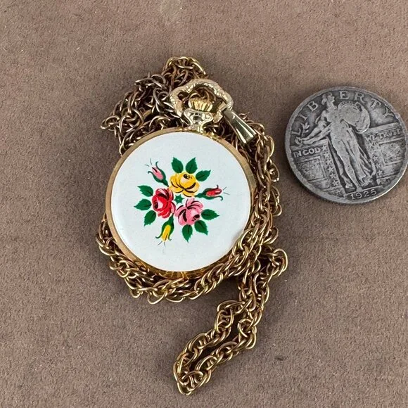 Villeruse 1960s Swiss Hand Wind Necklace Watch with Hand Painted Enameled Roses Villeruse 1960s Swiss Hand Wind Necklace Watch with Hand  main image 2